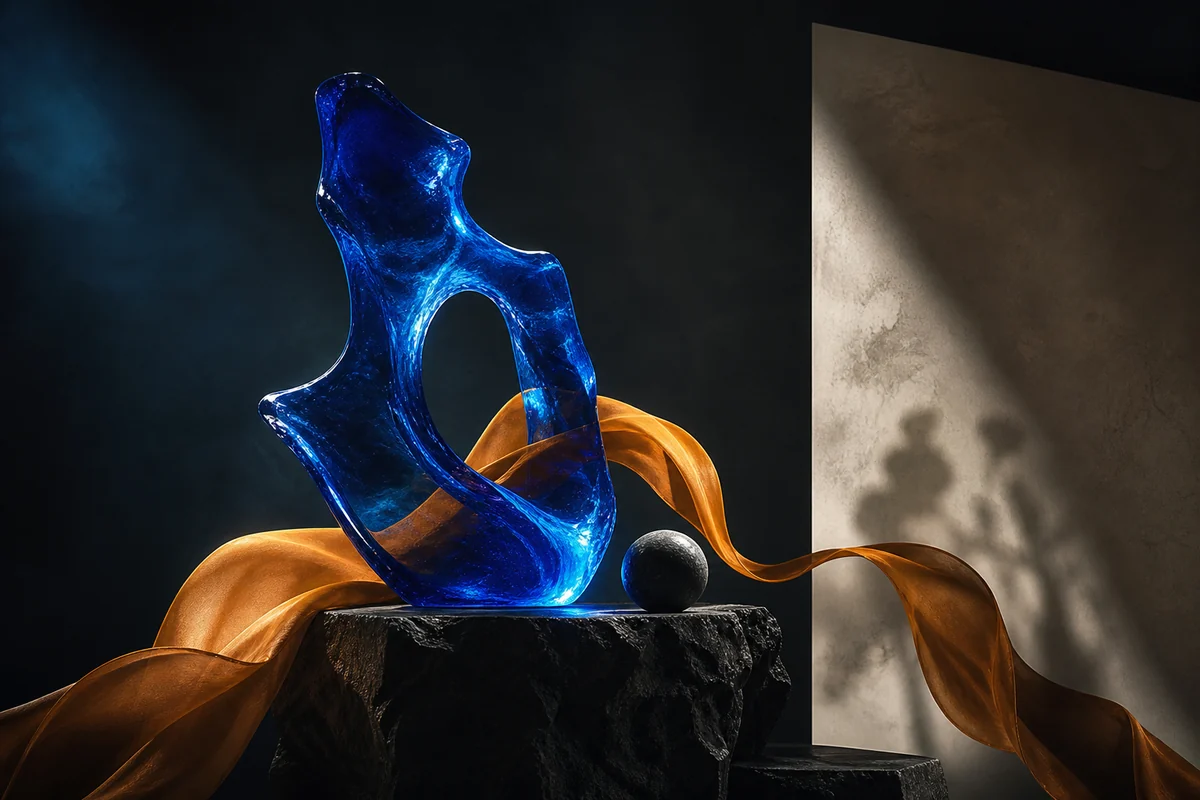 Cobalt glass sculpture and amber fabric in a cinematic studio composition